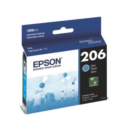 Cartucho de Tinta Epson 206 (T206220-AL) Cyan Original para 200 páginas.