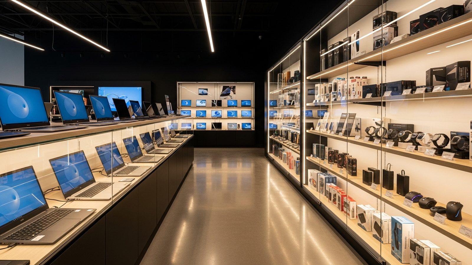 Vitrinas de laptops y accesorios en tienda de tecnología