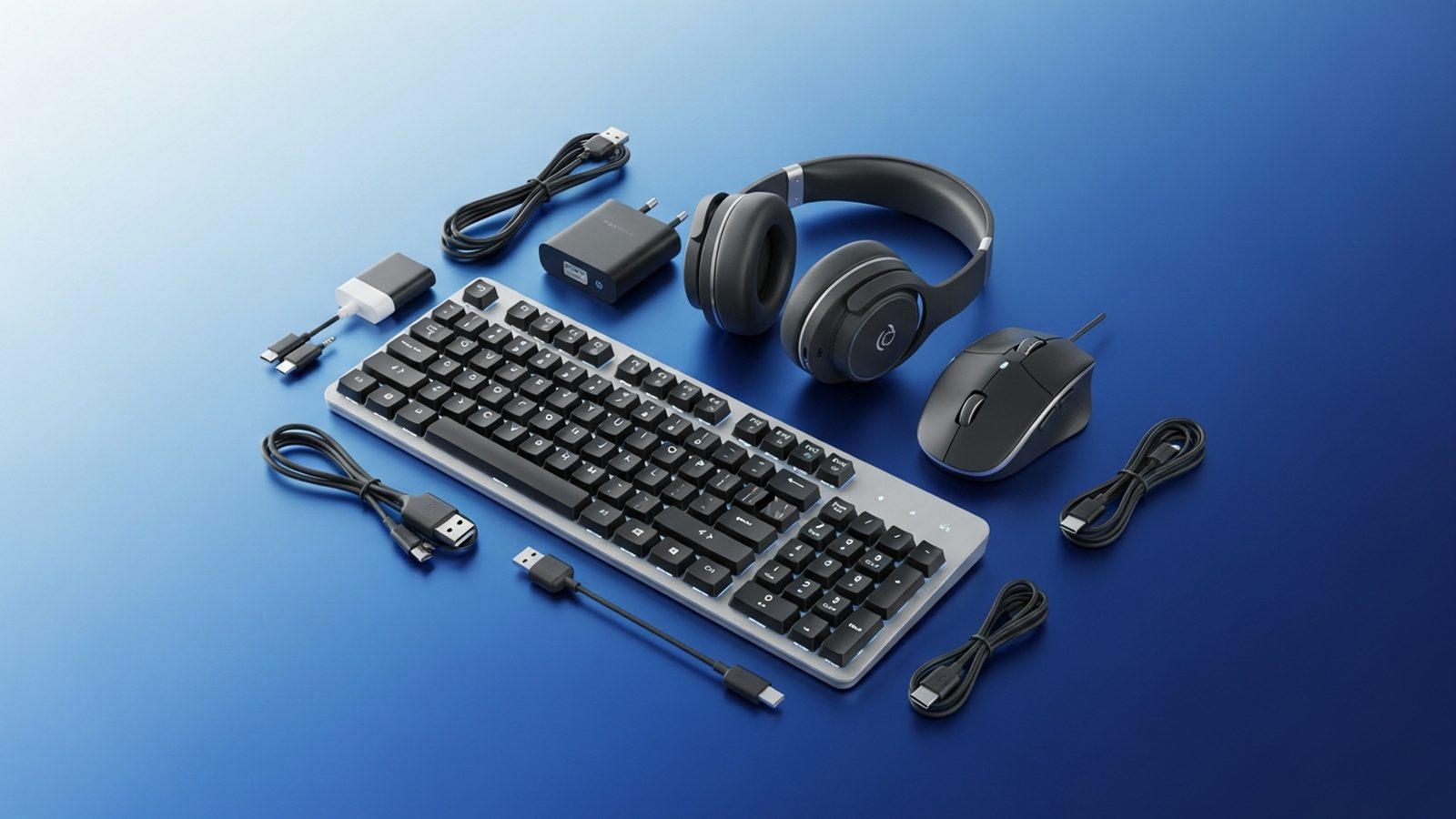 Teclado, mouse, audífonos y cargadores