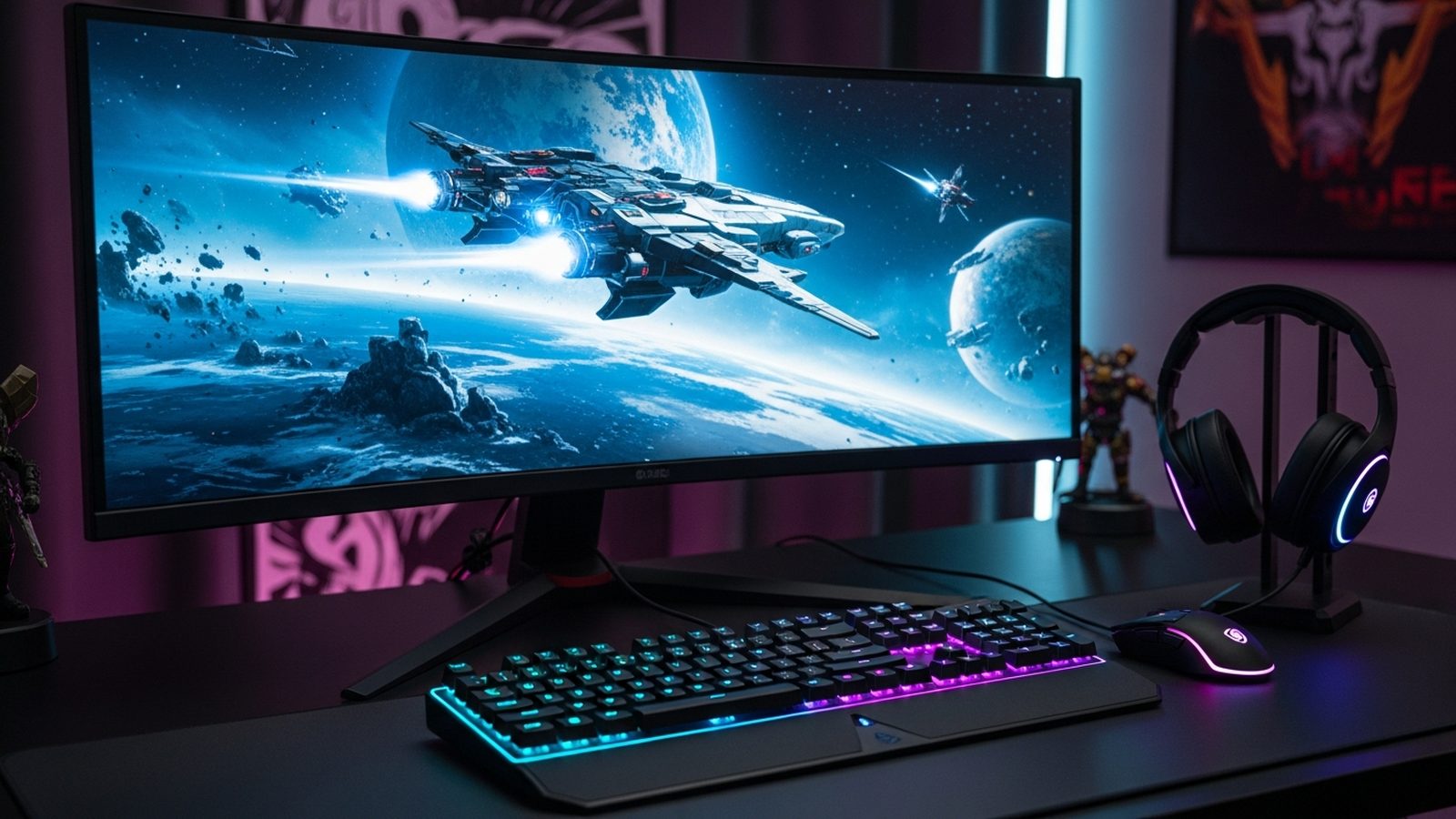 Setup con monitor curvo y teclado RGB